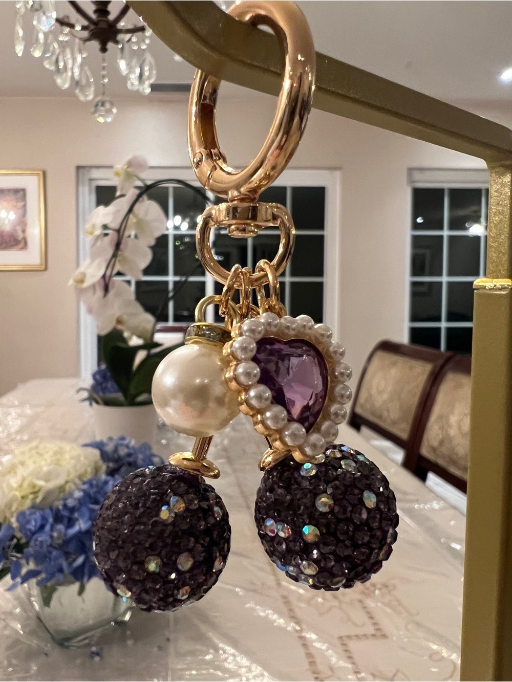 Deep Purple Crystal Cherry Bag Charm Keychain | Rhinestone Purse Charm